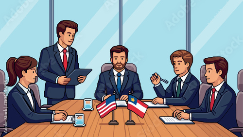 Business meeting in office with group of professionals in discussion around conference table