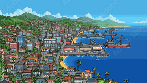 Coastal cityscape with harbor in retro pixel art style