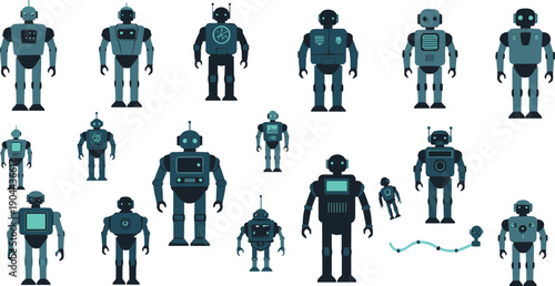 Futuristic Robot Character Vector Illustration Set with Multiple Humanoid Android Designs for AI Technology, Robotics Concepts, and Sci-Fi Projects