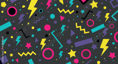 Neon Memphis Pattern with Lightning on Dark Theme