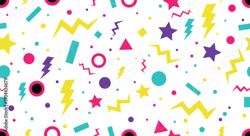 White Memphis Pattern with Lightning and Abstract Shapes