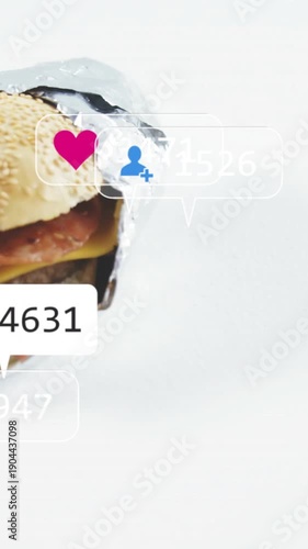 Vertical video: Crop revealing sandwich left, icons popping sliding overlapping fading to show buzz