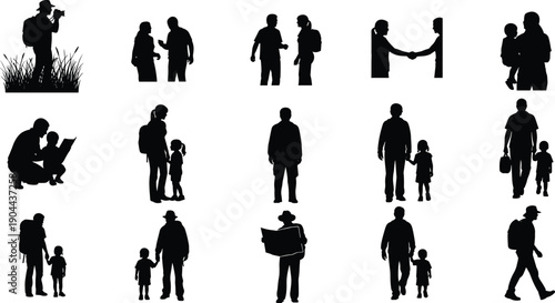 Travel and Outdoor Activity Silhouette Set, People Hiking, Families Walking, Tourists with Maps, Photographers, and Parents with Children Vector Collection, flavector