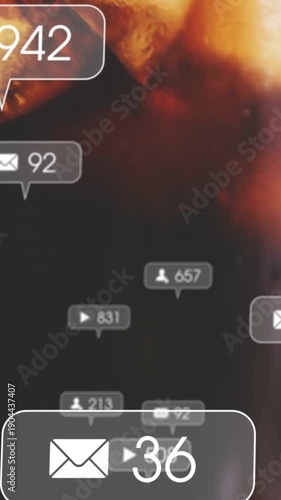 Vertical video: Icons popping over cola glass showing counts panning right floating cookie entering