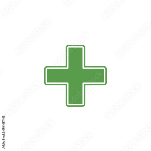A simple green plus symbol icon with a white outline on a white background, representing healthcare or medical services