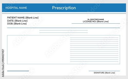 Vector medical prescription form template with blue header, blank patient details, doctor information, and signature lines, isolated on white