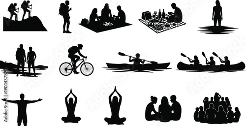 Travel and Outdoor Activity Silhouette Set, People Hiking, Families Walking, Tourists with Maps, Photographers, and Parents with Children Vector Collection, flavector