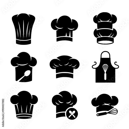 Chef hat icon silhouette black vector cooking kitchen set