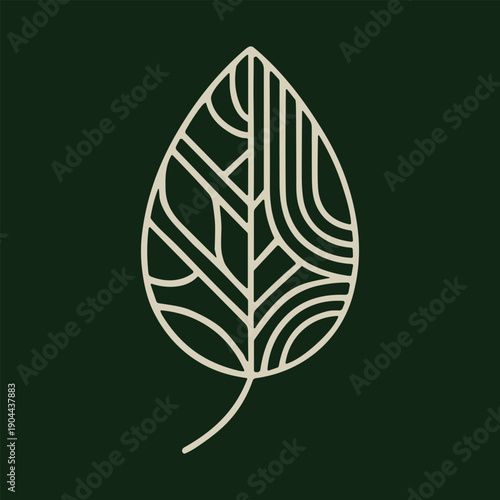 Stylized leaf design with geometric patterns on dark green background