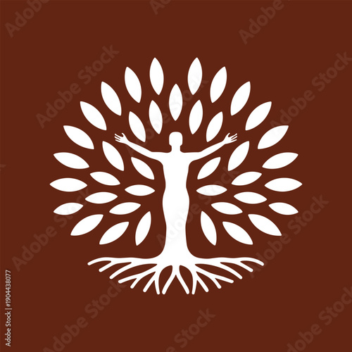 White silhouette of a person with outstretched arms surrounded by leaves on brown background