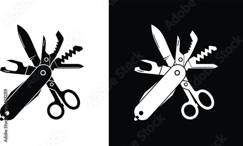 Vector illustration of a multi tool pocket knife with scissors and various blades for camping outdoor survival and everyday utility