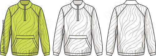 Half zip pullover jacket, wavy pattern design, front and back view, fashion sketch, CAD drawing, flat vector illustration, apparel template