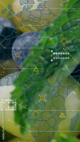 Vertical video: HUD overlay fading and scanning over blueberry, grapes, mint leaf, mapping produce