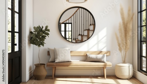 A welcoming foyer with a natural wood bench, a round mirror framed in brass, and a statement pendant light made from black metal and clear glass