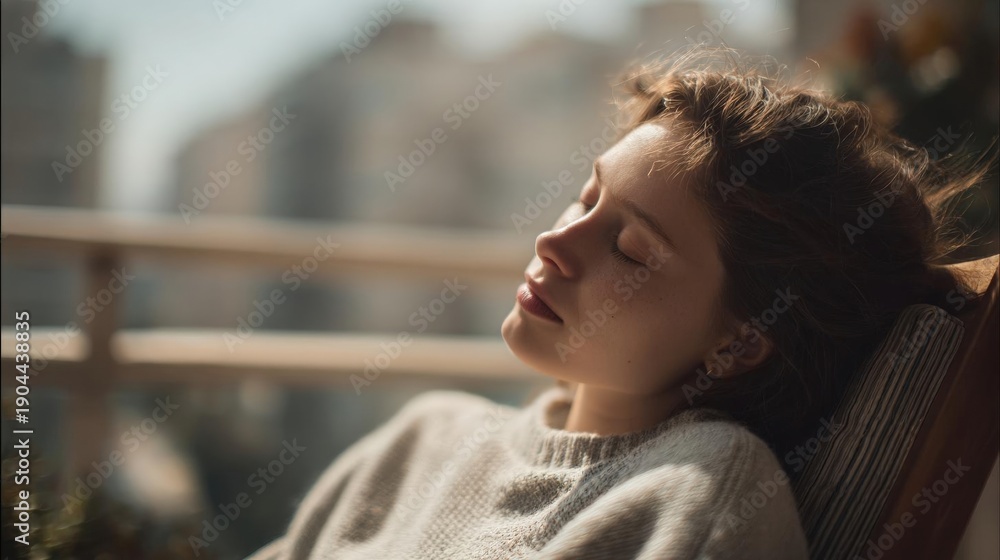Fototapeta premium Young woman sitting on a wooden chair with her eyes closed and her head resting on the armrest. she is wearing a beige sweater and appears to be relaxed and enjoying the view of the city.