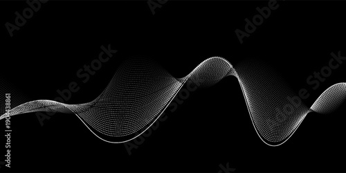 Flowing dots particles wave pattern 3D curve halftone white curve shape isolated on black background. Vector in concept of technology, science,