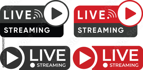 Live streaming icon set collection group with play button video broadcast badges, online stream labels, media recording symbols for social network content isolated on white background vector.