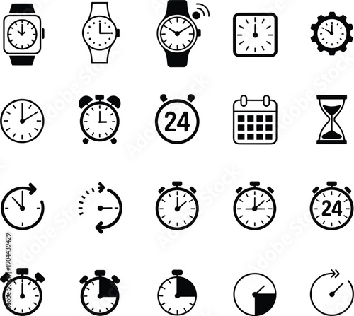 Professional Black Linear Time Icon Set Featuring  Clocks Digital Watches Alarm Stopwatches Hourglass Calendars And Countdown Timers For Productivity Management Scheduling Interface Design Projects