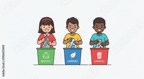 Diverse children sorting waste into recycling compost and landfill bins promoting eco friendly practices and environmental awareness