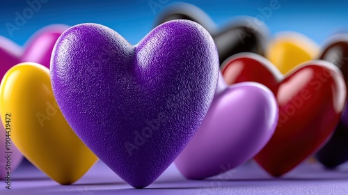 Colorful 3D Valentine's Day Hearts with Romantic Purple Texture