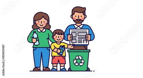 Family recycling together with a green bin and recyclable materials