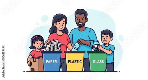 Diverse family actively participating in recycling sorting paper plastic and glass in colorful bins