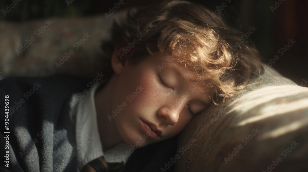 Obraz premium Close-up portrait of a young boy sleeping on a couch. he appears to be in his late teens or early twenties, with curly blonde hair and a serious expression on his face.