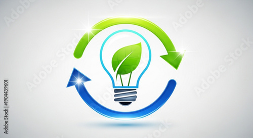 Eco friendly light bulb with green leaf and recycling arrows symbolizing sustainable energy and environmental conservation