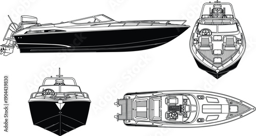 Technical Line Art Illustration of a Luxury Modern Speedboat Showing Profile Side View Top View Front View and Stern View for Nautical Marine Design