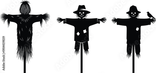 Traditional Farm Scarecrow Silhouette Vector Set Featuring Three Different Hand Drawn Poses In Straw And Rags For Rural Autumn Harvest And Halloween Decor