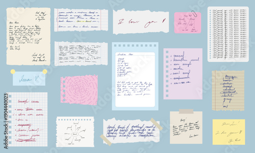Handwritten Fake Text Notes Set, Notebook Pages, Lists and Paper Scraps, Vector Illustration