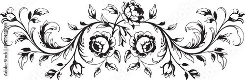 Intricate Black Silhouette of Blooming Roses and Scrolling Vines, Vintage Floral Design Element