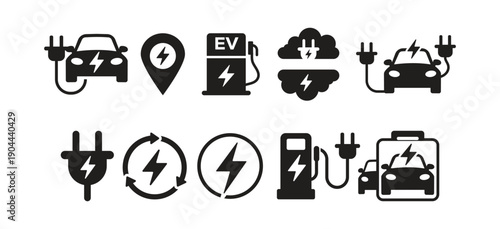 Electric vehicle charging station symbols. Renewable energy, Zero emission, Sustainable mobility. Simple flat vector.