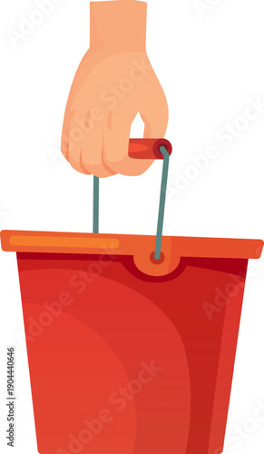 Hand holding red plastic bucket for cleaning chores