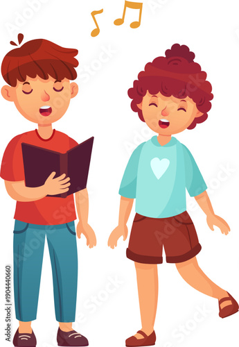 Children singing song together from a music book