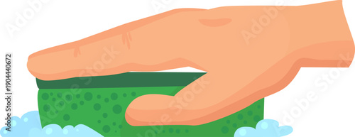 Hand holding green sponge creating soap bubbles