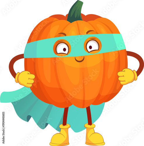 Pumpkin character dressed as superhero wearing a blue mask