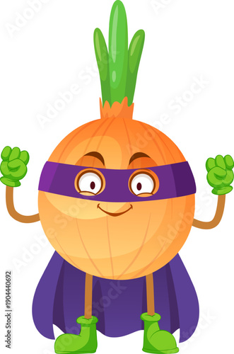 Superhero onion cartoon character standing as health food hero