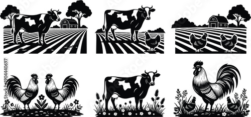 Vintage Rural Farm Life Illustration Set Featuring Cow Chicken And Rooster Silhouettes In Meadow Field With Barn Background For Organic Agriculture Branding Design