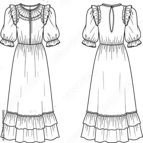 Vintage Inspired Women's Victorian Style Maxi Dress Fashion Technical Illustration Front and Back View with Ruffle Trim Puff Sleeves and Keyhole Detail Fashion Sketch
