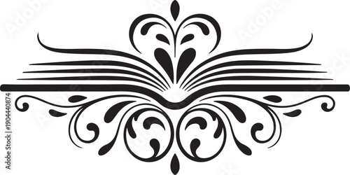 Open Book Flourish Ornament, Vintage Black Scroll Design for Decorative Use and Education