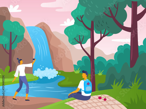 People enjoying nature, taking selfie by waterfall