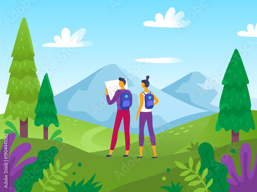 Couple exploring mountains navigating with map during a hike