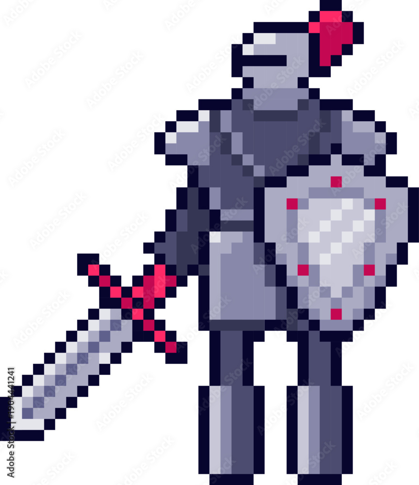Fototapeta premium Pixel art knight standing with sword and shield