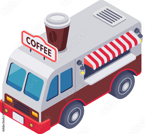 Coffee food truck serving hot drinks isometric style
