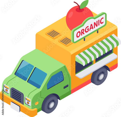 Organic food truck delivering fresh produce isometric illustration
