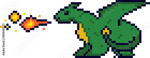 Green pixel art dragon breathing fiery attack