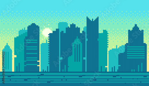 Pixel art cityscape skyline at sunrise with retro buildings