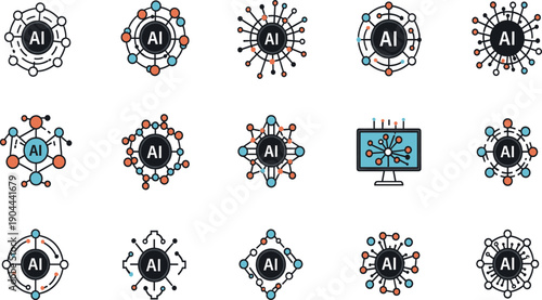 Artificial Intelligence Network Vector Icon Set with AI Core Symbols, Neural Connections, Data Nodes, and Technology Interface Elements in Flat Style