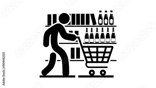 a man with a shopping basket in shop, black isolated silhouette